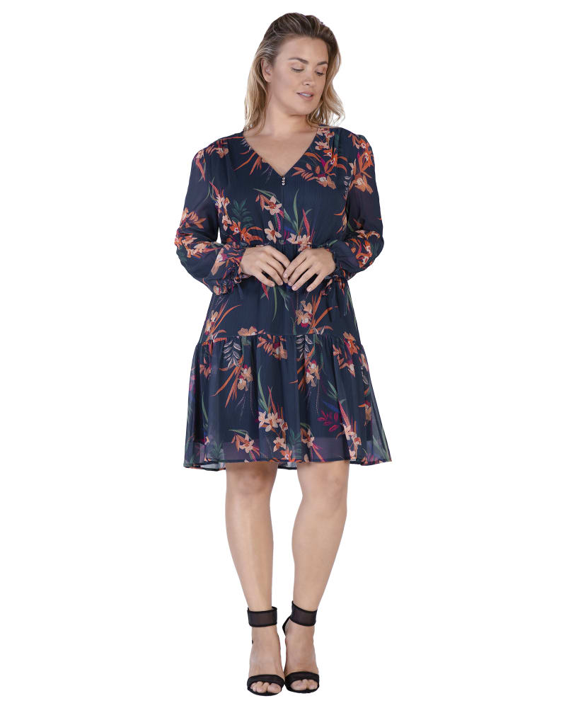 Front of a model wearing a size 1X Lottie Tiered Prairie Dress in Tropical Mist by Standards & Practices. | dia_product_style_image_id:276312